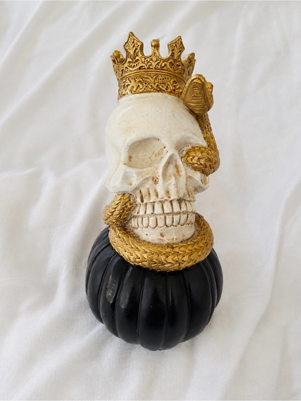 Crowned Skull Accent Statue with Gold Snake - White, Gold, Black